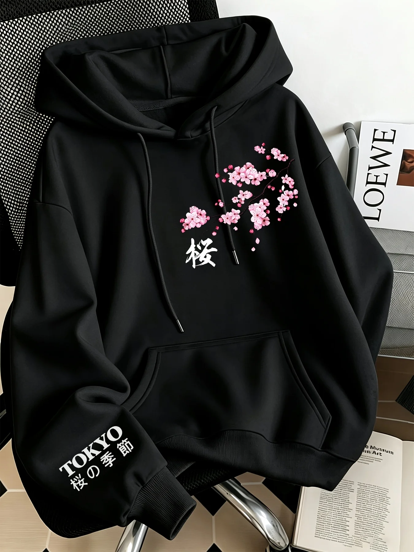 New women's hooded sweatshirt, loose Japanese aesthetic cherry blossom chest+cuffs Japanese text printed pullover