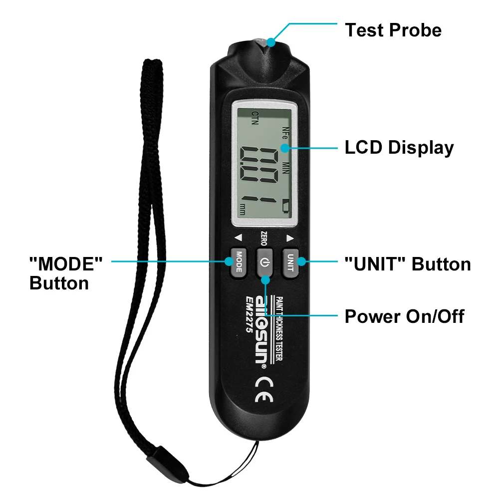 all-sun EM2275 Professional Industrial Auto Car Paint Depth Gauge,Measuring Range: 0 to 2000UM,Paint Mil Thickness Meter