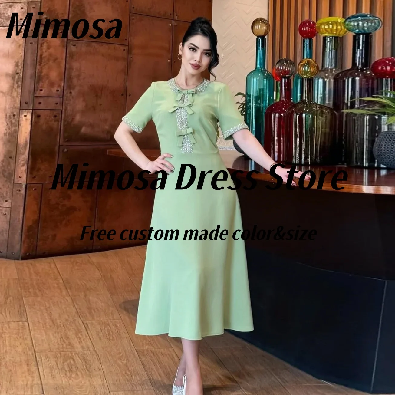 Mimosa Crew Neck Prom Dresses Beaded Bows Half Sleeves Wedding Party Gowns Zipper Back Evening Dress Women Wear Customized