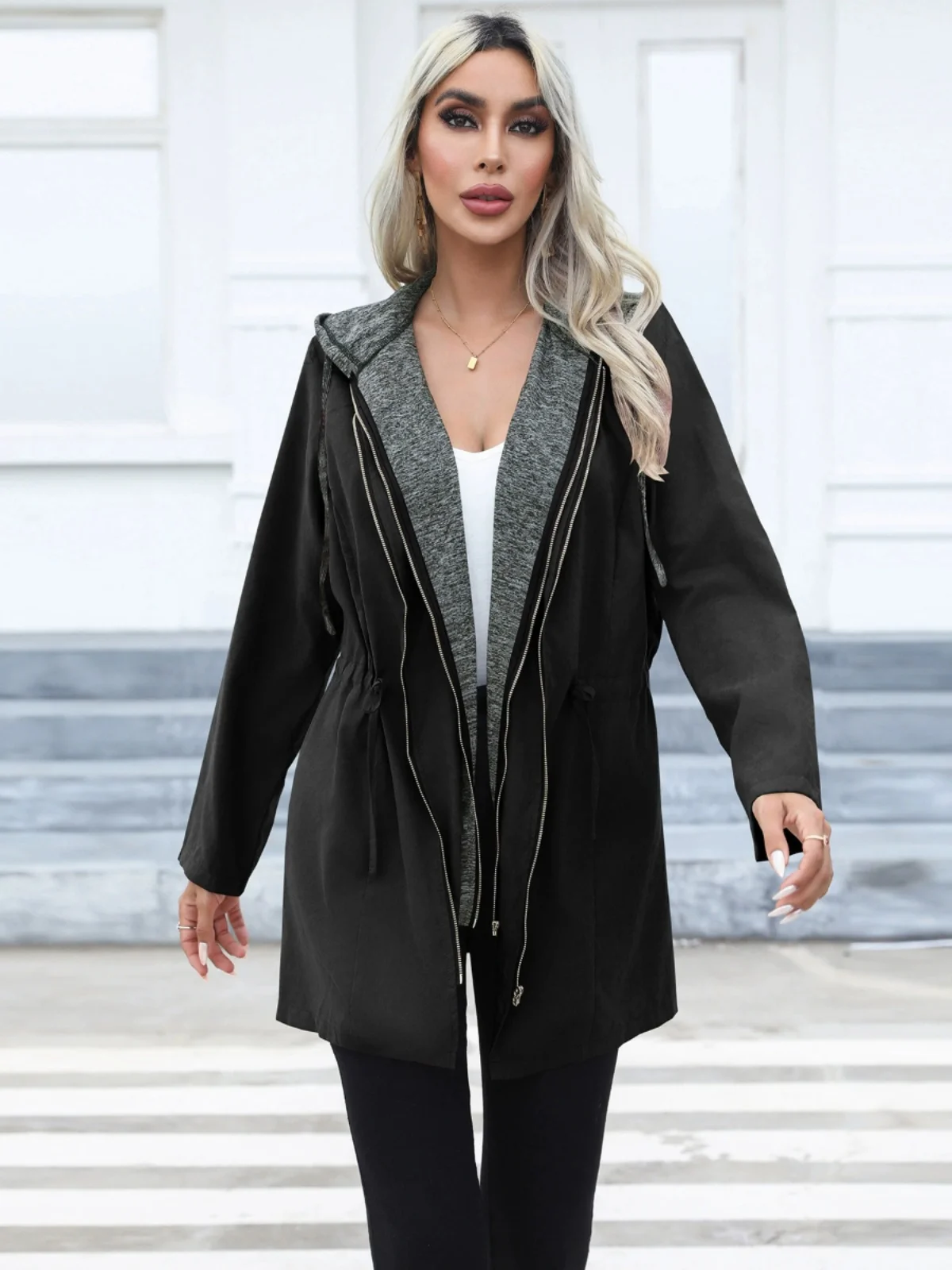 

Women's Casual Waist-Cinching Zipper Color Blo Long Sve Hooded Jaet Mid-Length Double Zipper Colion Color Coat