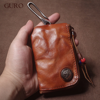 GURO High Quality Genuine Leather Home Car Key Bag Retro Men Handmade Top Cowhide Coin Purse Women Zipper Mini Wallet Card Holde