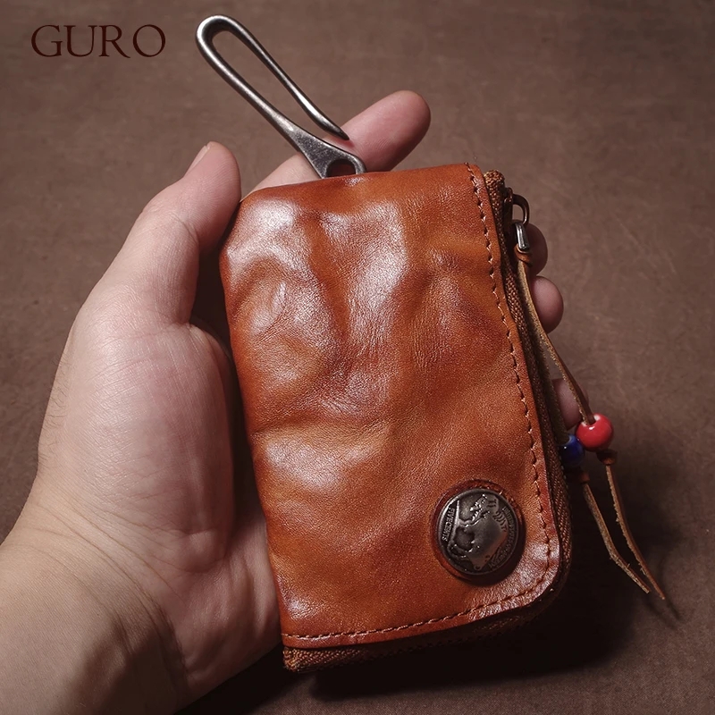 GURO High Quality Genuine Leather Home Car Key Bag Retro Men Handmade Top Cowhide Coin Purse Women Zipper Mini Wallet Card Holde