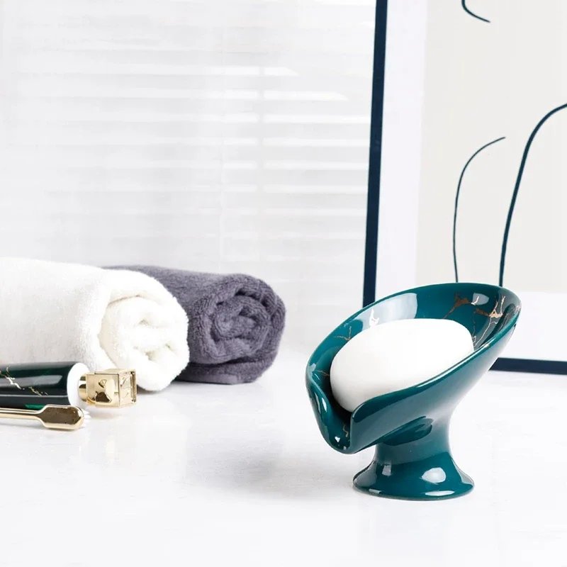 비누 접시, 세라믹 비누 받침대, 자체 배수, 대리석 모양, 잎 모양, 욕실용 비누 접시