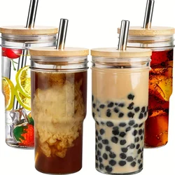 1pc  Outdoor Thickened Glass Water Cup, 700ml/23.67oz Beverage Coffee Cup With Stainless Steel Straw, Suitable For Outd