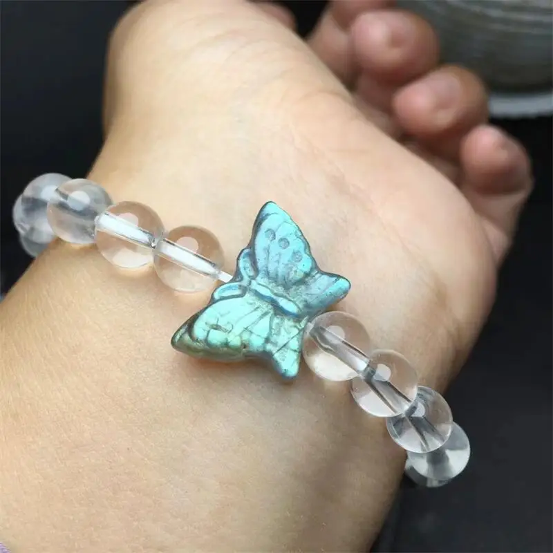 6MM Natural Labradorite Butterfly Clear Quartz Bead Bracelet Fashion Romantic Healing Fengshui Women Man Christmas Gift 1pcs