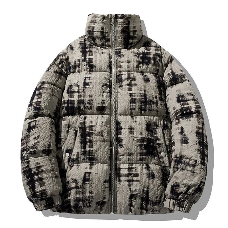 Winter Man Down Jacket Plaid Patchwork Loose Versatile Men Outerwear Stand Collar Long Sleeve Zipper Sport Casual Male Coat