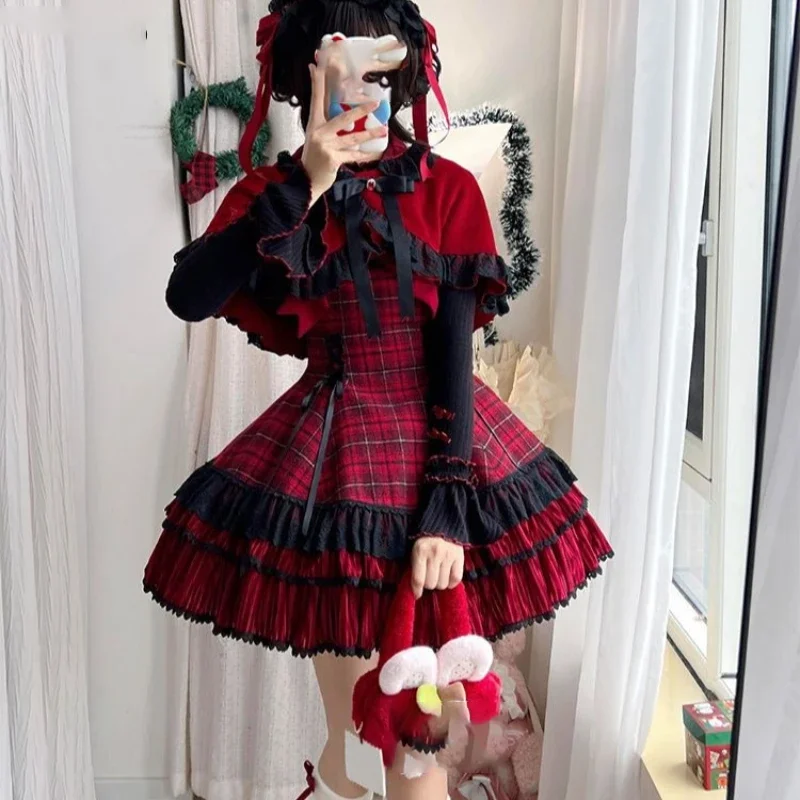 Autumn Winter Japanese Kawaii Lolita Style 3 Piece Set Women Sweet Bow Peter Pan Collar Cloak Tops Plaid Mini Dress Korean Suit