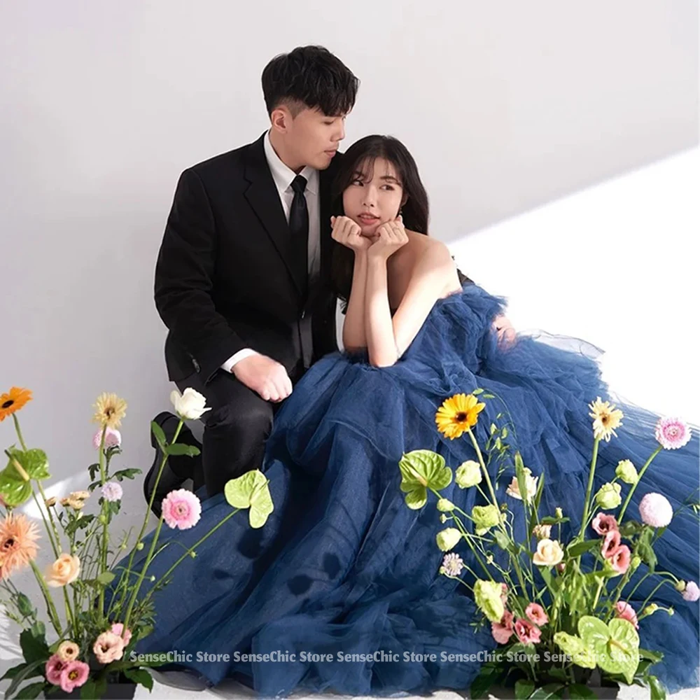 2025 블루 프린세스 프롬 드레스, 스트랩리스 티어드 튤 러플 생일 파티 스윕 트레인 볼 가운 드레스 (여성 맞춤 제작)