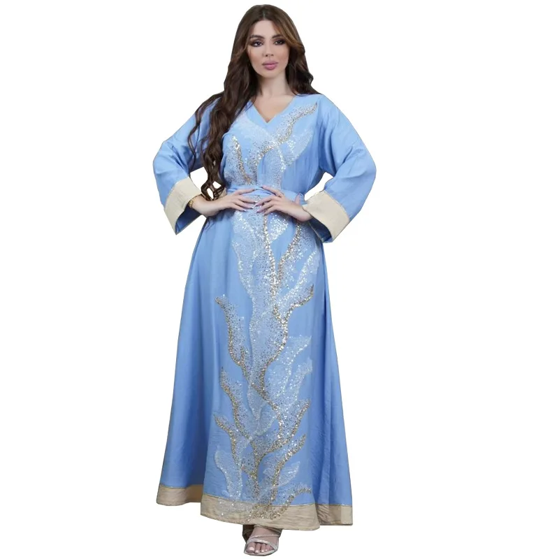 Abaya-Robe longue brodée à paillettes pour femmes musulmanes, caftan marocain, vêtements islamiques, robe de soirée élégante, Dubaï, Turquie, mode