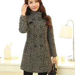 TPJB New Women Wool Blends Coat Winter Autumn Fashion Elegant Mother High Quality Plaid Slim Long Tweed Woolen Outerwear Female