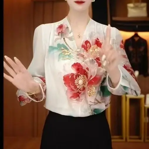 

Women's V Neck Chiffon Blouse 3/4 Sleeve Peony Floral Print Loose Casual Tops Elegant Pullover Chinese Style Daily ShirtsYY49