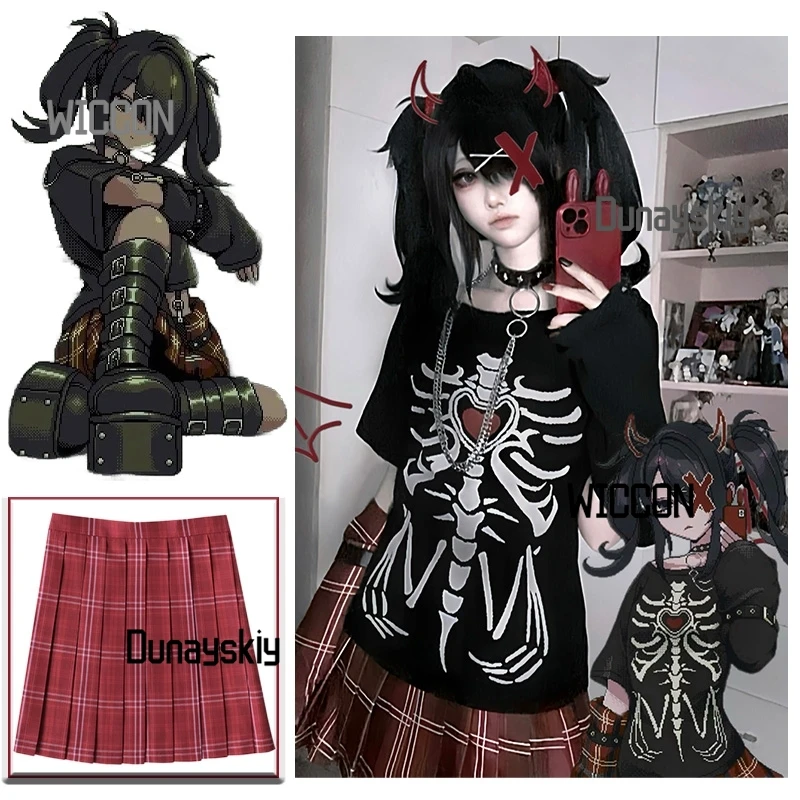 

NEEDY GIRL Anime Rain Ame OVERDOSE Jirai Kei Girls Cosplay Costumes Short Sleeved T-shirt Red Checkered Skirt Punk Halloween