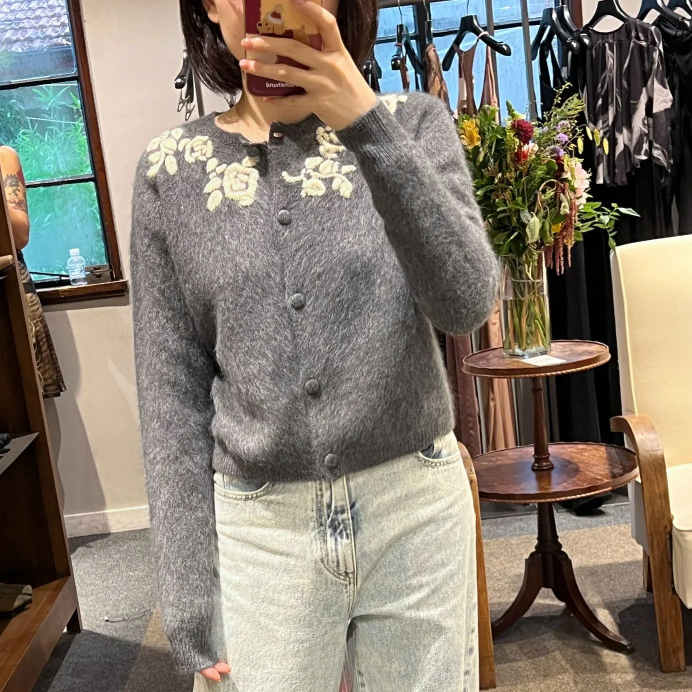 Grey Round Neck Knit Cardigan Women Vintage Embroidery Long Sleeve Wool Sweater Autumn Winter 2025 sweater y2k