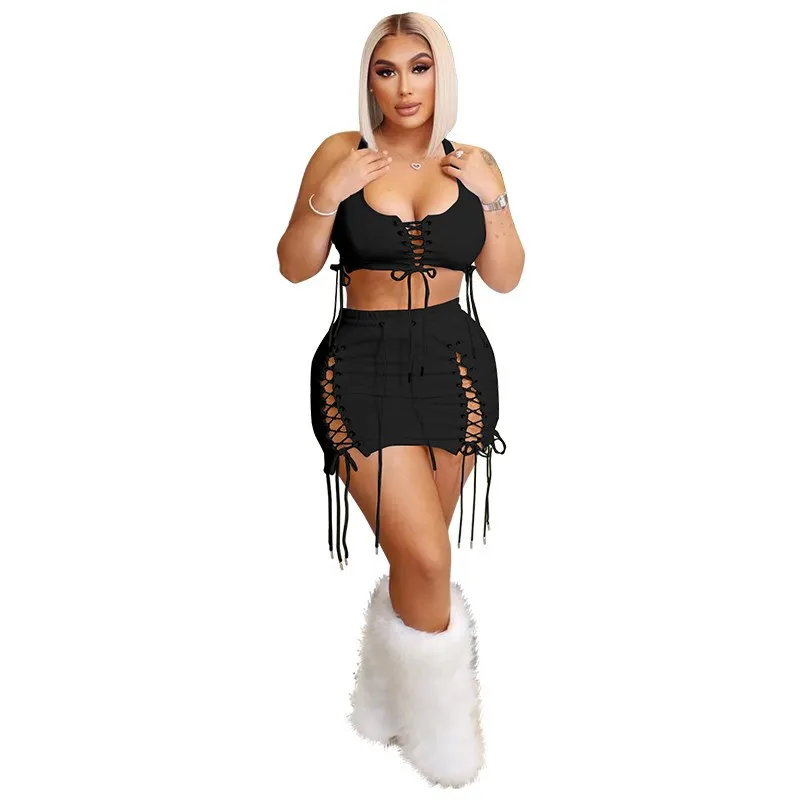 Women Summer Skirt Two Piece Set Beach Suit Neon Color Lace Up Crop Tops Vest Bandage Mini Skirt Outfit Party Club Matching Sets