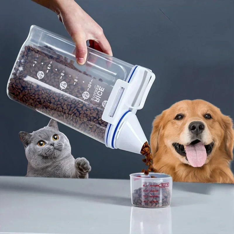 2KG Dog Cat Food Pail Plastic Storage Tank with Measuring Cup Container Moisture-proof Sealed Jar Pet Supplies Accessories