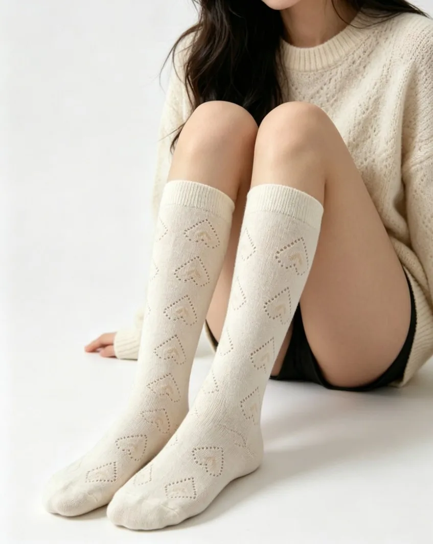 Cute Fairy Preppy Mid Calf Socks For Women, Thin Summer Hollow Mesh Breathable Soft Cotton Stack Socks With Lovely Delicate Look