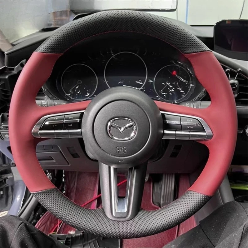

Сшитый вручную черный, красный чехол на руль автомобиля из натуральной кожи для Mazda CX-30 2019-2023 Mazda 3 Axela 2019-2023