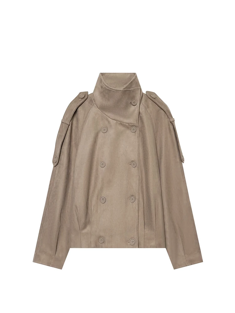 TFMLN Women's Suede Short Jacket Loose Stand Collar Long Sleeve Pockets Coats 2026 Autumn Casual Double Breasted Jackets