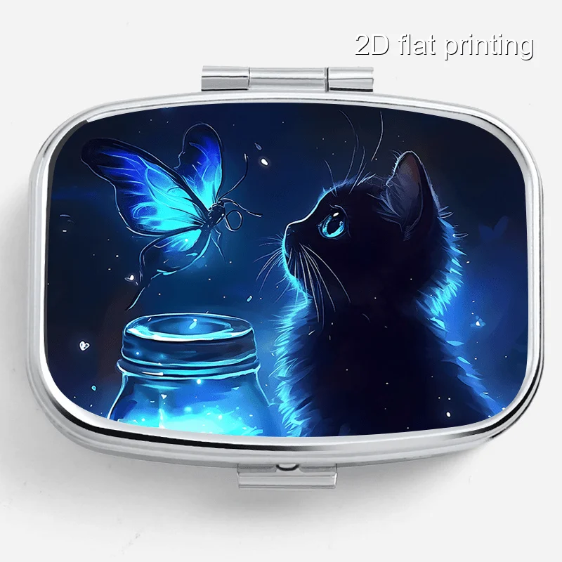 Black Cat Pattern Square Metal Box with Two Compartments, Mini Portable Metal Storage Box