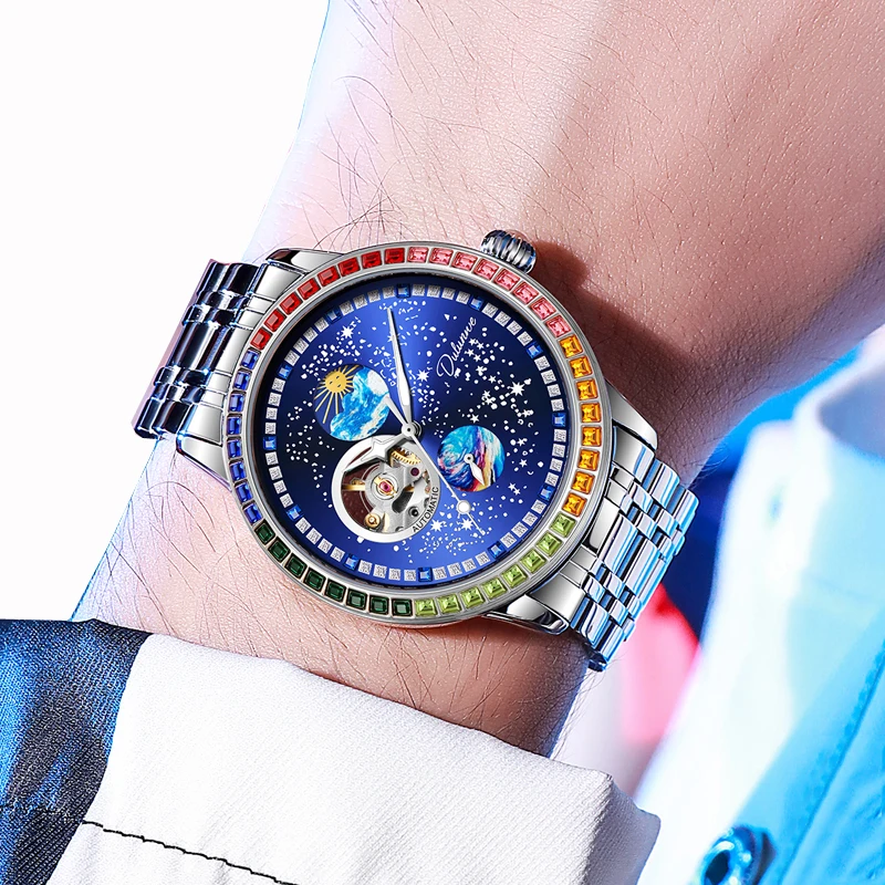 Dulunwe Top Luxury Brand Automatic Men Sports Watches Men's Rainbow Gemstone Bezel Mechanical Watch Male Relogio Masculino