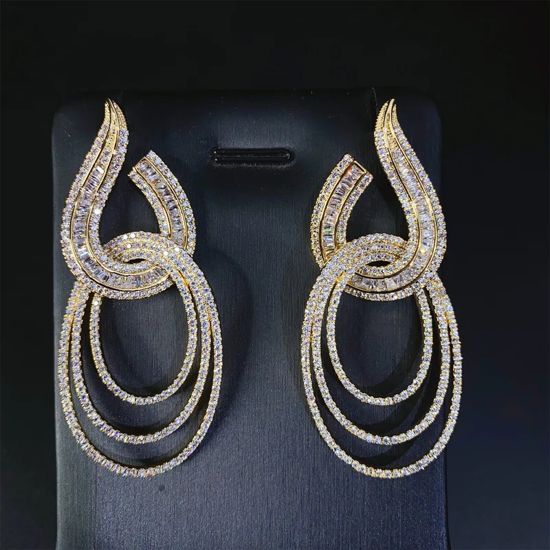 Abstract Twist Multi Circle Drop Earrings Baguette And Round Cubic Zirconia Inlaid Silver Tone Fashion Earrings For Ladies