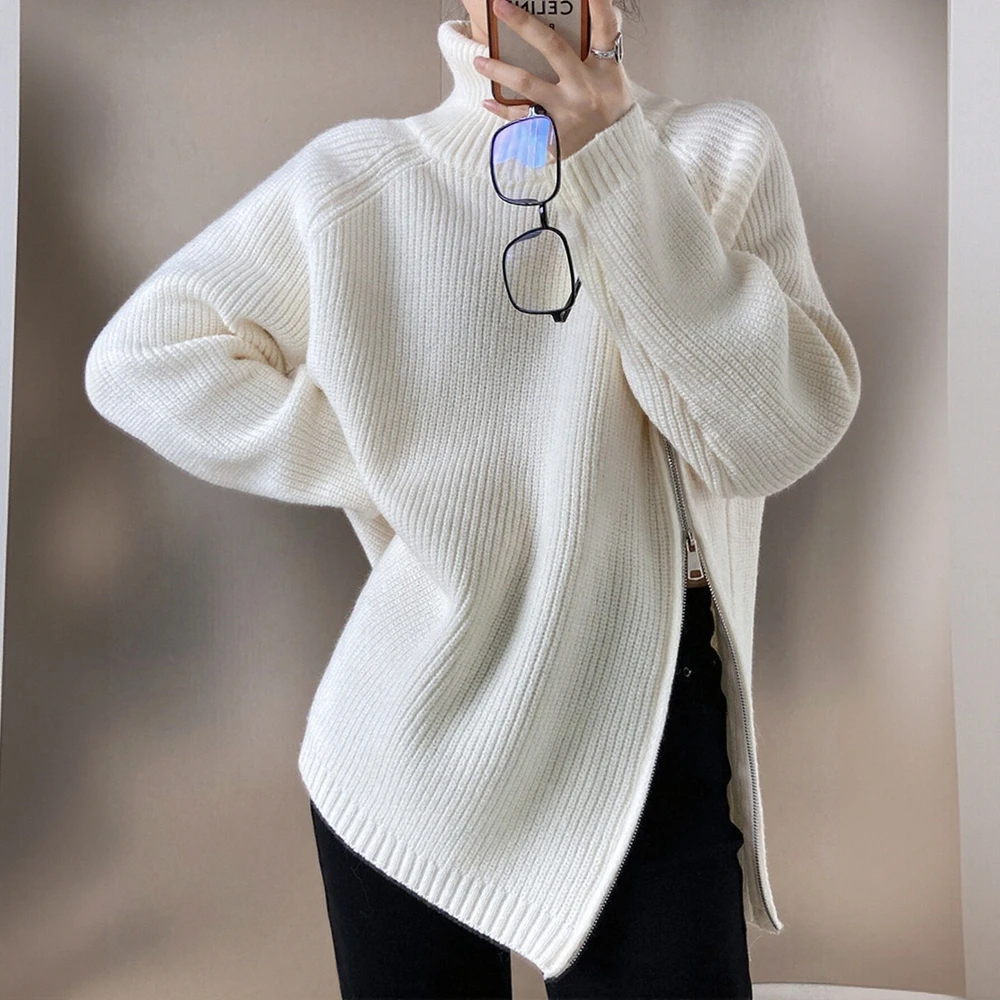 

Women's Long Sleeve Turtleneck Sweater Comfortable Loose Fit Autumn Top with Side Slit Plain Style