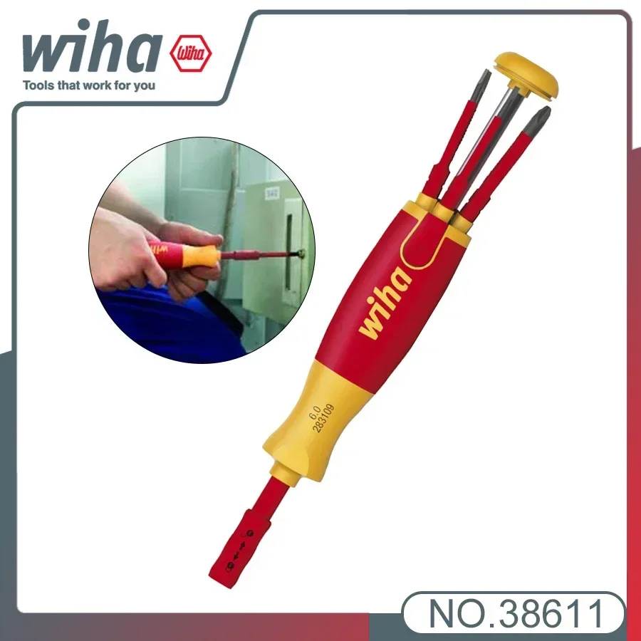 Genuine WIHA 6-In-1 1000V Insulated Electrician Screwdriver with Bit Magazine LiftUp Screwdriver with 6 SlimBits 166 Grams 38611