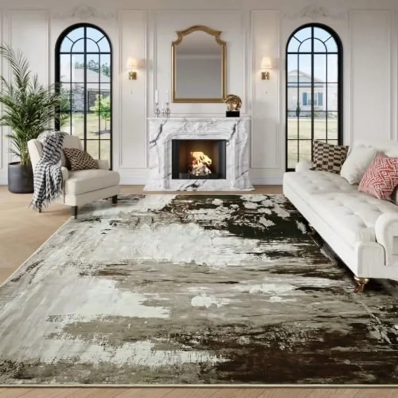 Abstract Brown Grey Watercolor Brush Print Large Area Rug Soft Flannel Non Slip Floor Carpet for Living Room Modern Minimalist
