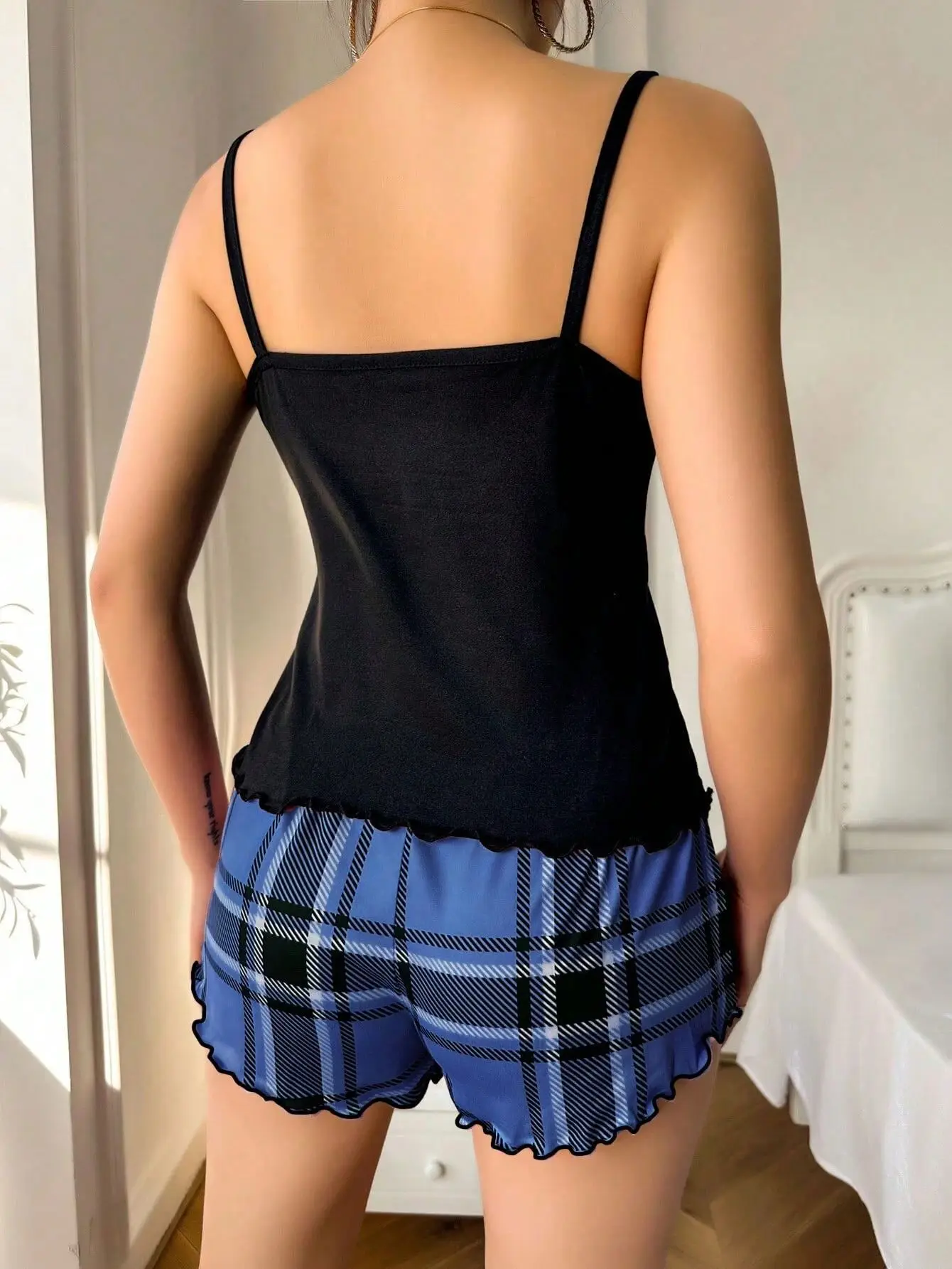 Frauen Sexy Hosenträger Shorts Dünne Pyjamas Brief Drucken Plaid Shorts Große Pyjamas Romantische Hause Tragen Sexy Nachtwäsche Kurze Pyjama – Detail 3