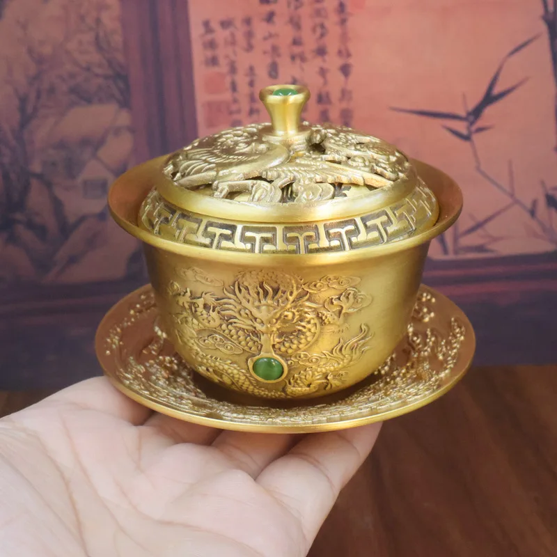 Brass Tea Bowl With Relief Dragon Phoenix Lid, Metal Handicrafts, Custom-Made According To Drawings And S
