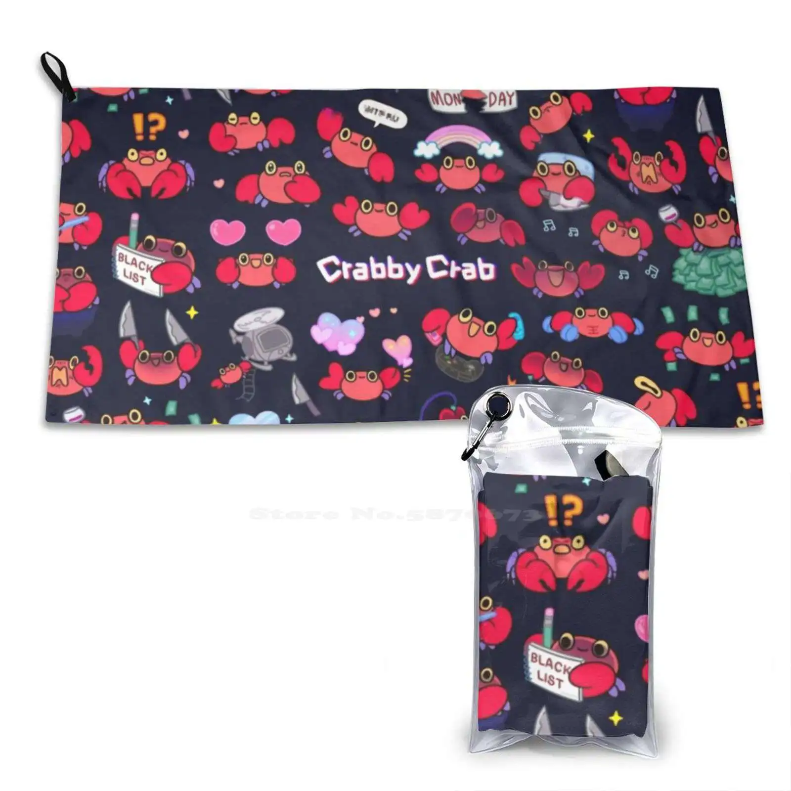 Crabby Crab-Pattern Microfiber Quick Dry Towel Beach Towel Crabby Pikaole Crustacean Animal Cute Kawaii Fun Knife Villian Bad