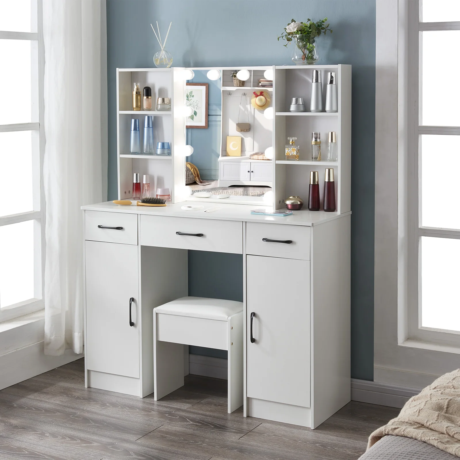 مكتب مكياج فانيتي مع مرآة هوليوود، طاولة تزيين بـ 10 لمبات LED مع مقعد #1