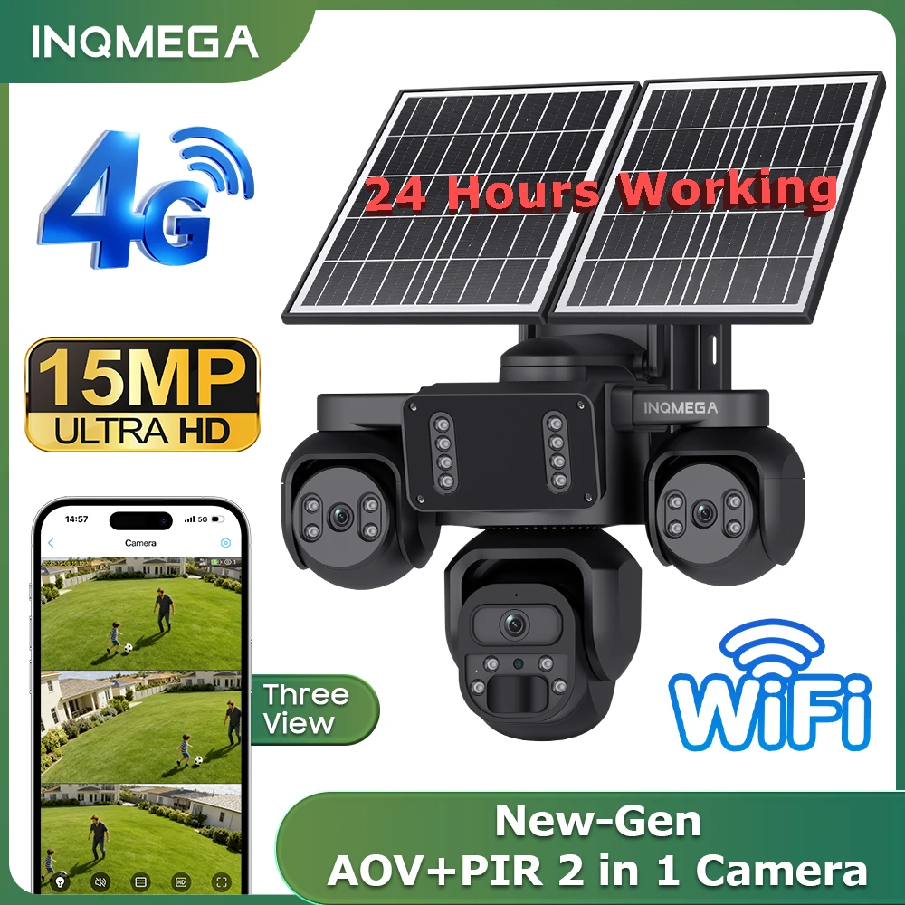 INQMEGA 4G Solar Camera Outdoor WiFi Three Screen 3 PTZ 360° Auto Tracking Security CCTV Camera Night Vision Cam House Safe