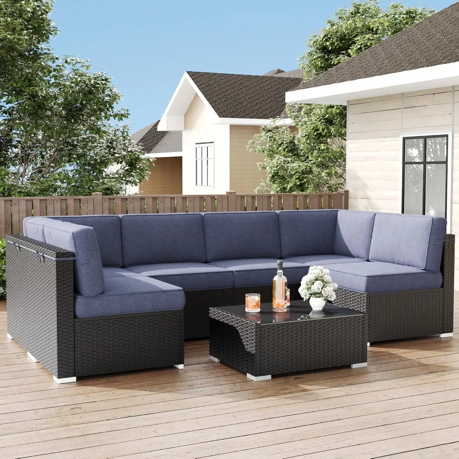 Replacement Cushions Six Seat Patio Sectional Conversation Sofa Set Rattan Wicker Fourteen Piece Cushion Set Outdoor Furniture