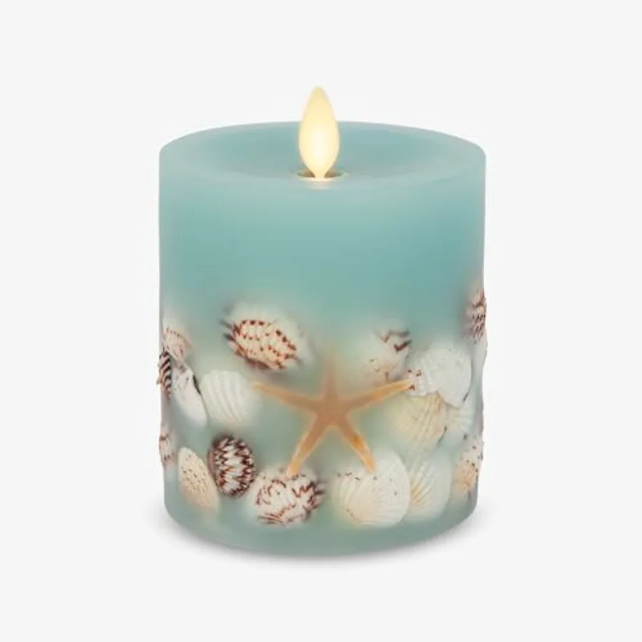 

Flameless LED Candle Soft Embedded Seashell and Starfish Moving Flame Pillar Unscented Real Wax with Recessed Edge Timer