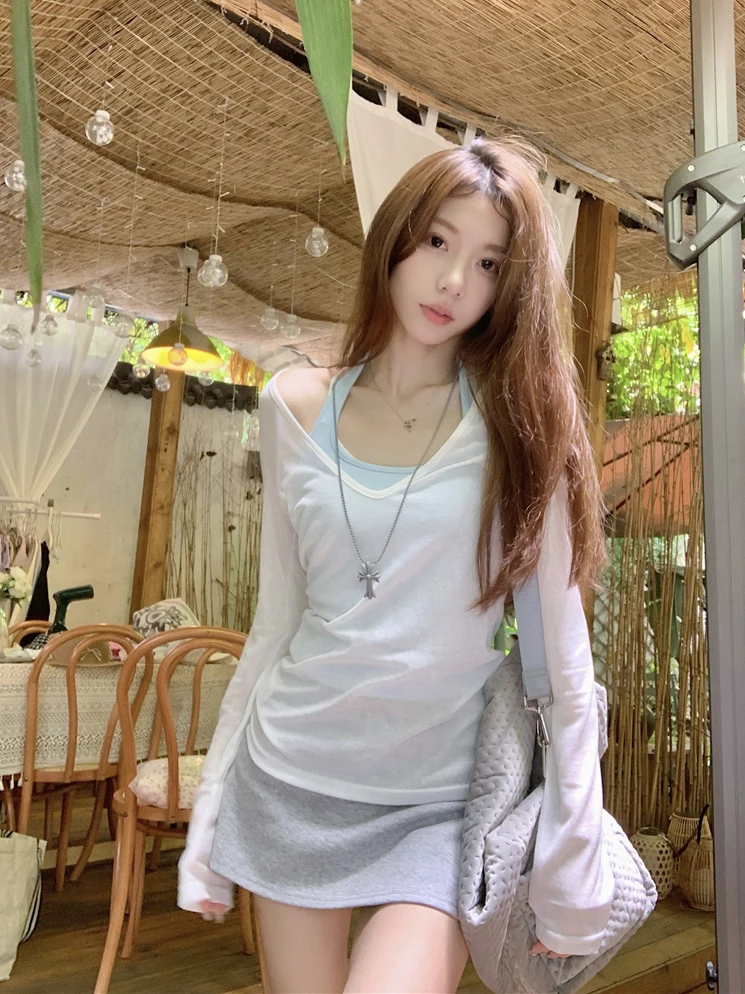 

Early Spring Thin Long Sleeve T-Shirt Set Women's Hanging Neck Strap Vest Two-Piece Set Fashionable Lightweight Sun Protection
