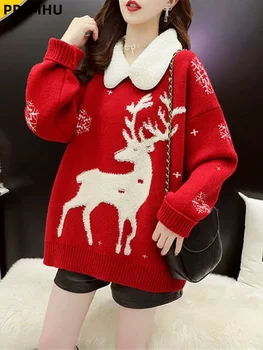 Red Christmas Knitted Sweater Loose Women's Casual Vintage Baggy Jumpers Fashion Lapel…