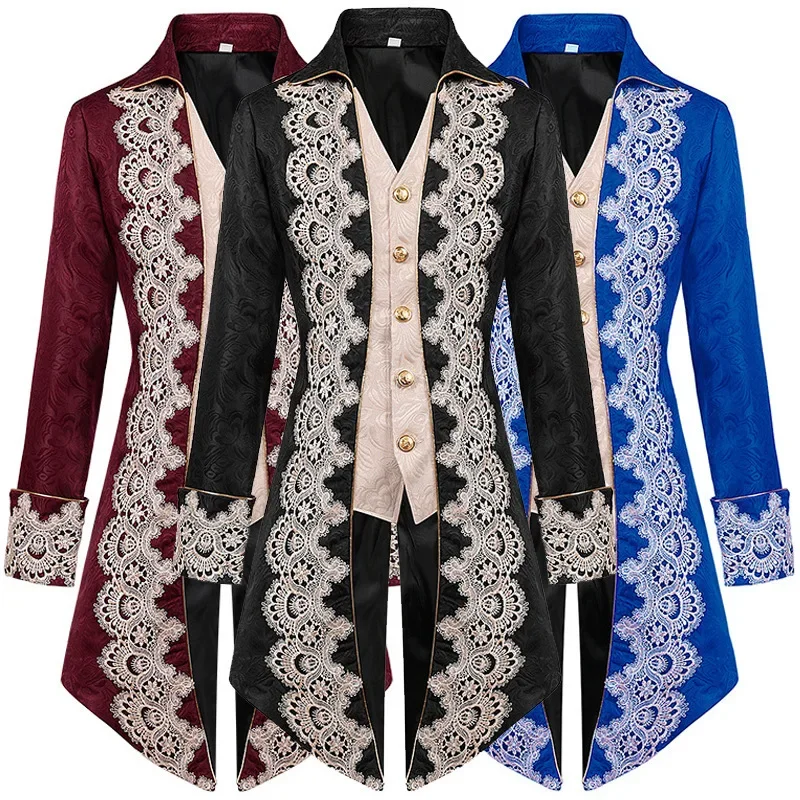 2026 Medieval Gothic Lace Tuxedo Men Punk Victorian Tailcoat Vintage Frock Coat for Halloween Stage Performance Party
