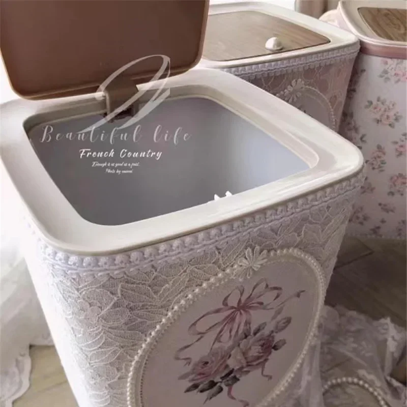 Retro Lace Storage Bucket Home Decor Livingroom Kitchen Diningroom Large Capacity Trash Can Press Lid Roses Storage Bucket