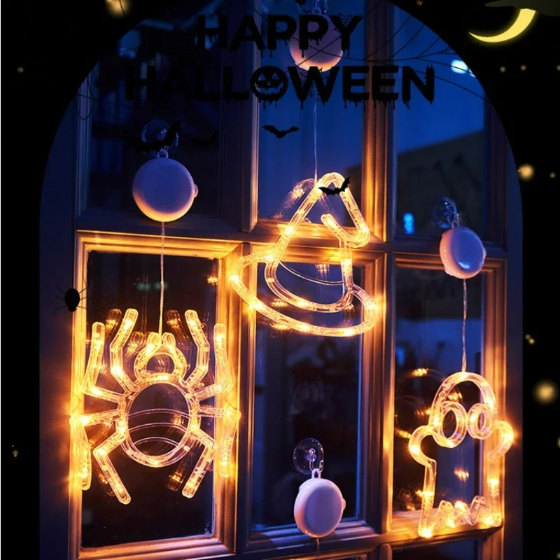 2024 Halloween Pumpkin Lamp Spider Bat Ghost Eyeball Cap Spider Web LED Sucker Lamp Atmosphere Decoration String Color Light