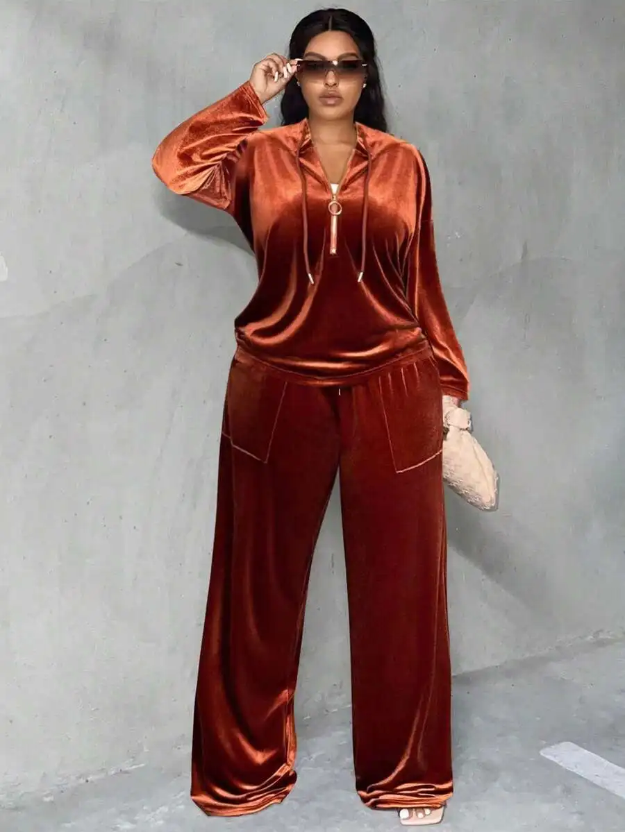 

Женский велюровый комплект из 2 предметов: худи с заниженной линией плеч и широкие брюки, повседневная домашняя одежда больших размеров