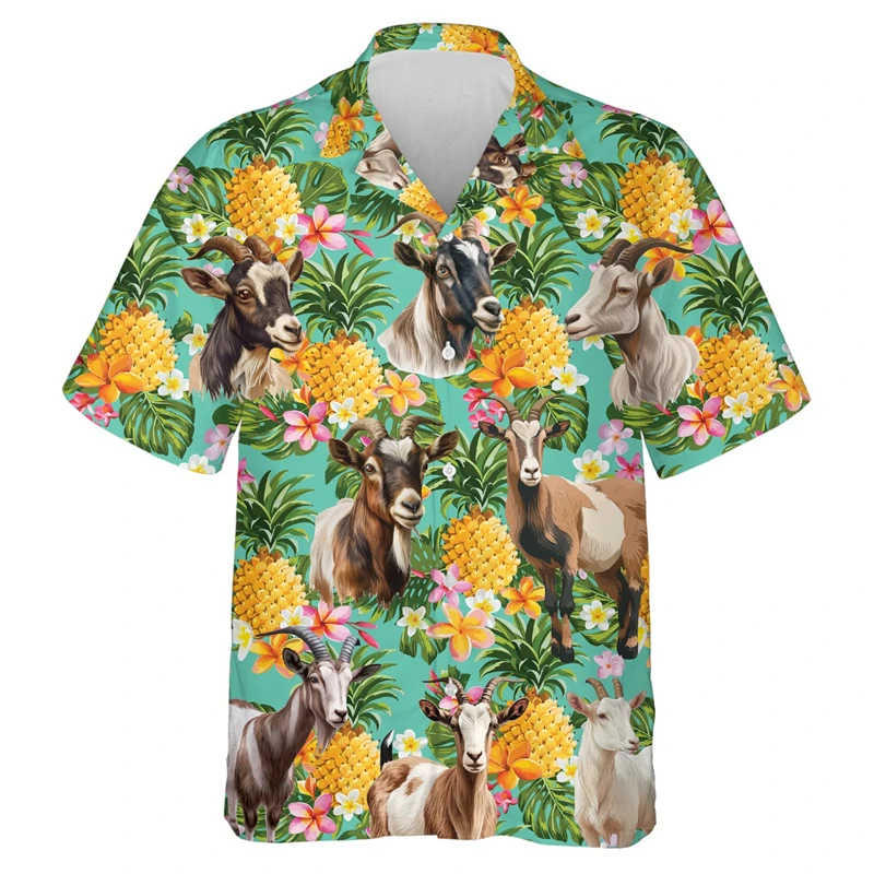 Goat Hawaiian 3D Printed Beach Shirts Funny Flower Goats Graphic Shirt For Men Clothes Animal Sheep Aloha Short Sleeve Blouses