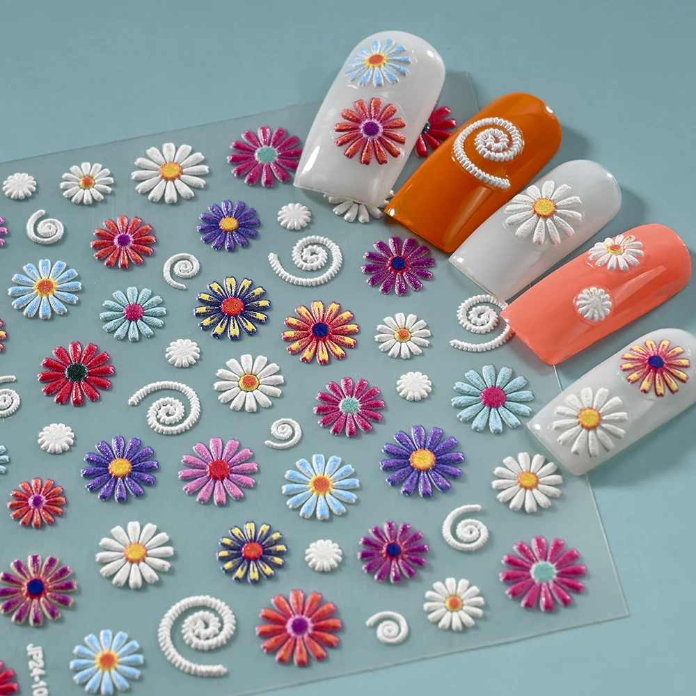 1pc 5D Bohemen Nail Art Stickers Retro Stijl Daisy Flower Nail Decals Soft Relief Zelfklevende Nail Art Decoratie Benodigdheden DIY