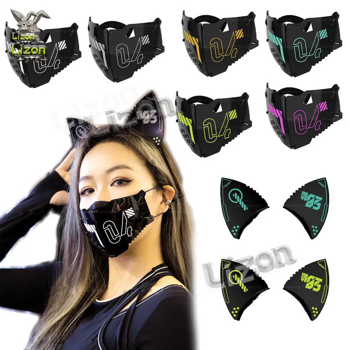 Cyber Punk Cosplay Mask Motorcycle Helmet Face Mask Acrylic Cat Ears Hairhoop Party Music Festival Accessories