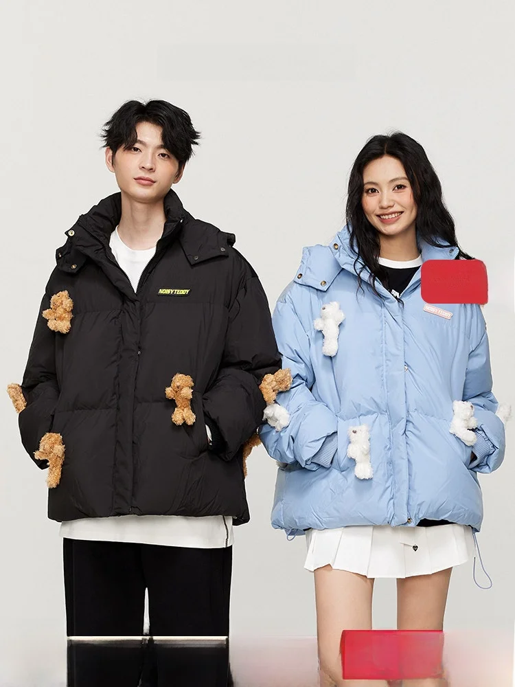 

Теплое зимнее пуховое пальто для женщин с капюшоном и воротником-стойкой, с дизайном милого медвежонка, утепленное пухом