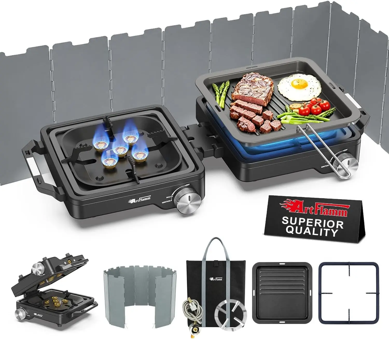 29000 BTU 2 Burner Camping Stove with Windshield, Propane Camp Stove, Portable Folding Gas Stove, Camping Essentials Gear Includ