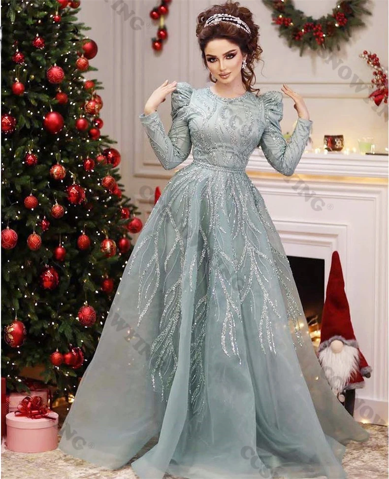 Tulle Appliques in rilievo abiti da sera musulmani manica intera Hijab donne islamiche abito da festa formale arabo caftano Robes De Soirée