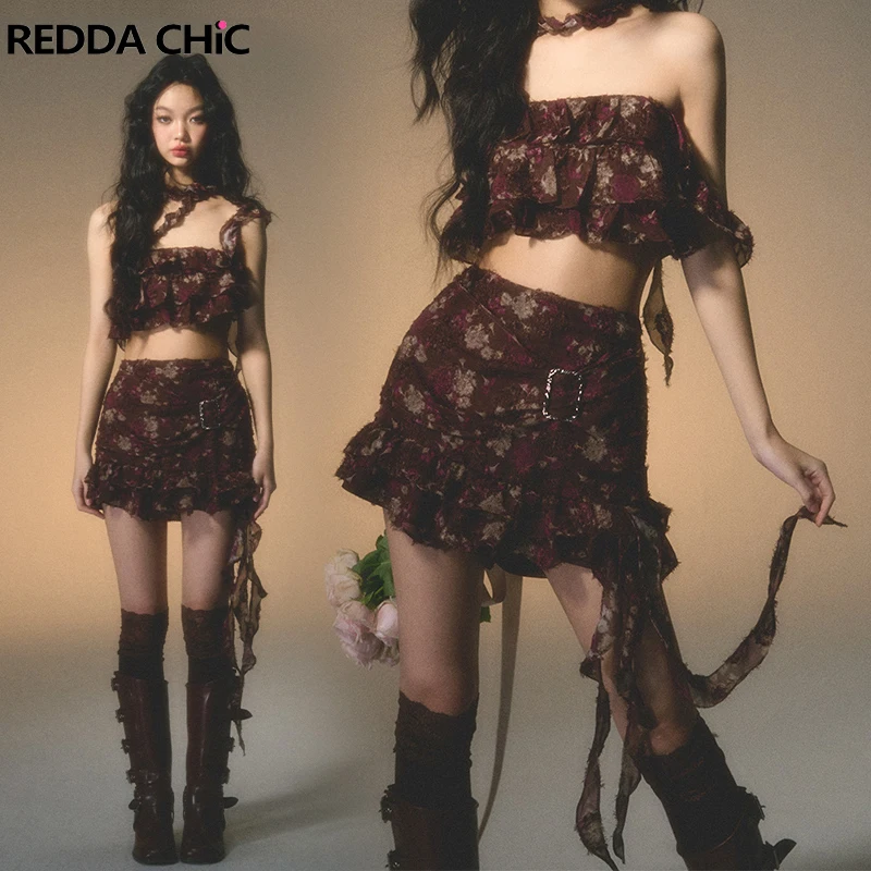 

Жаккардовая юбка с цветочным принтом ReddaChic, Женский комплект из 2 предметов, короткий топ с оборками и лямкой на шее, мини-юбка, летняя Праздничная пляжная одежда