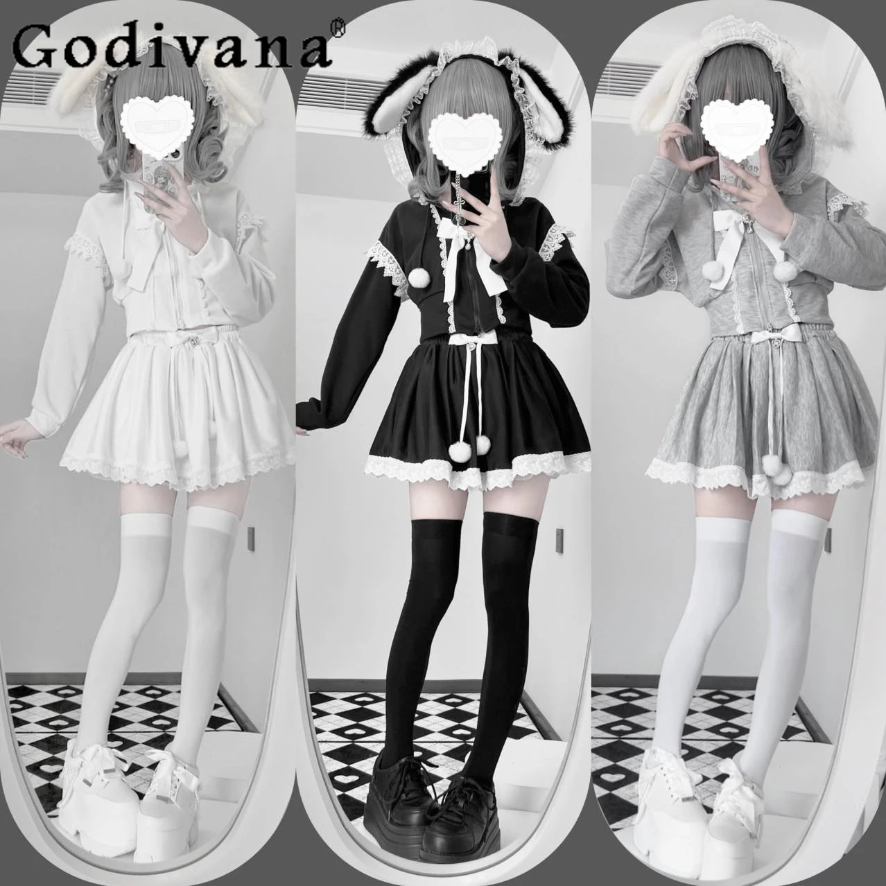 

Japanese Subculture Mine Mass-Produced Lolita Jacket Skirt Set Autumn New Soft Girl Kawaii Short Hooded Coats Skirt 2-Piece Set