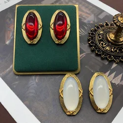 New net red oval carving lace earrings Middle ancient western color jelly glaze silver needle earring clip